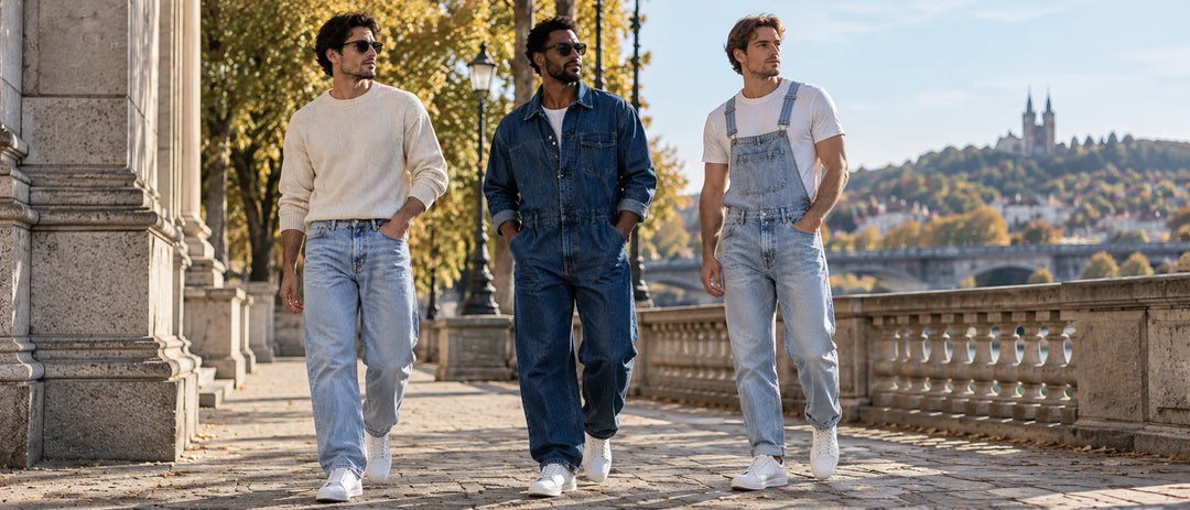 Three men standing and walking on a riverside city promenade wearing light blue stonewashed jeans, a dark blue loose denim jumpsuit, and light blue slim denim overalls.