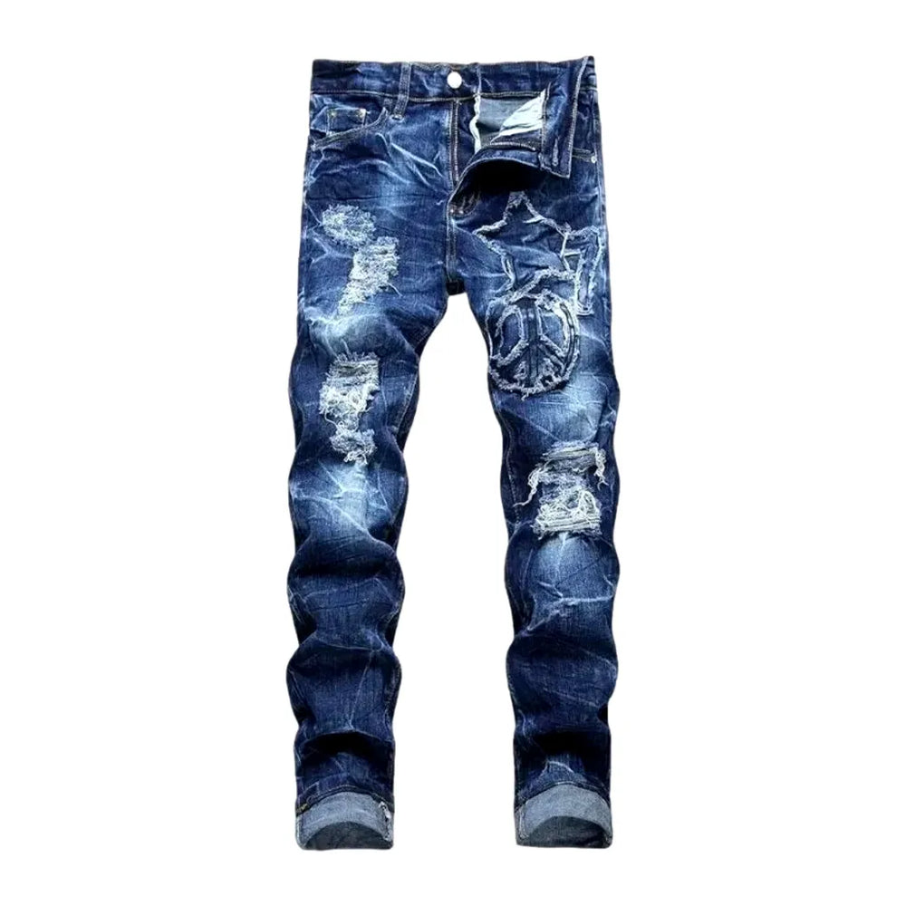 Embroidered Skinny Men's Jeans - Blue