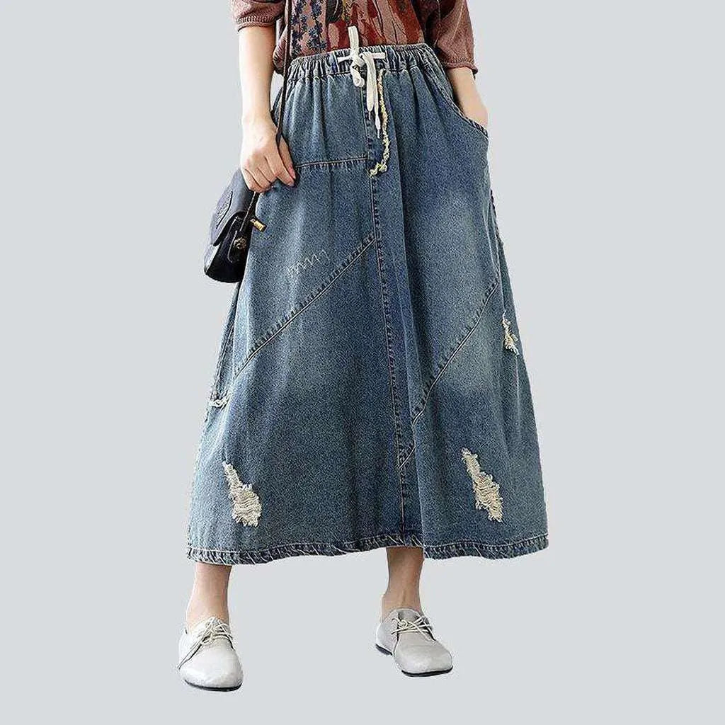 Ripped patchwork long denim skirt