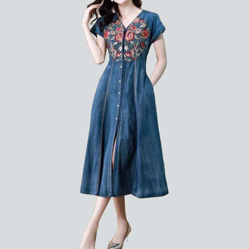 Chest embroidery denim dress