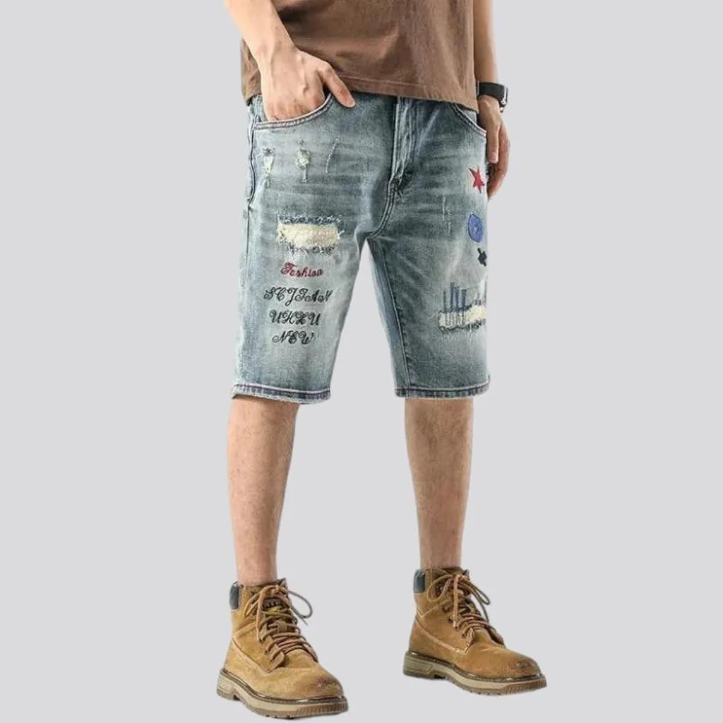 Embroidered whiskered jeans shorts
 for men