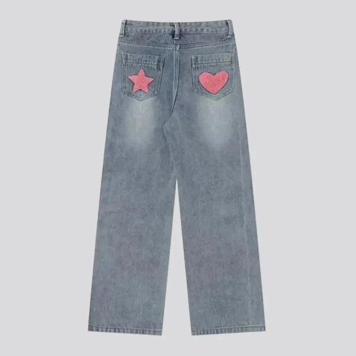 Y2k pink-embroidery jeans
 for women