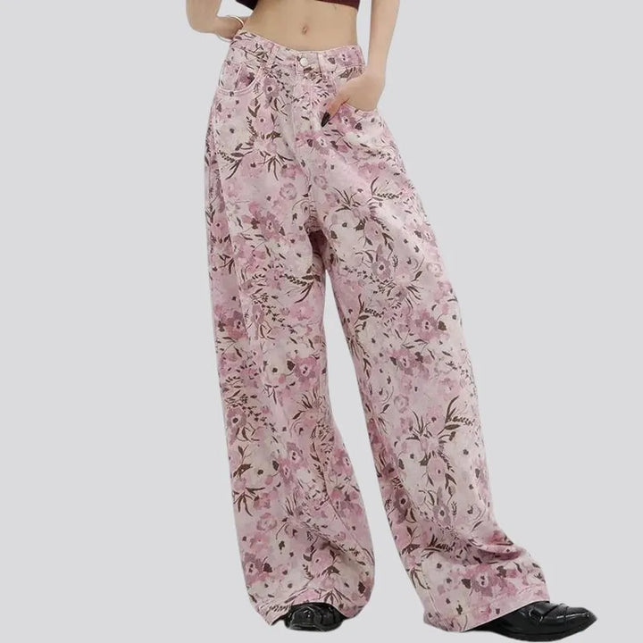 Fashionable painted floral baggy denim for women