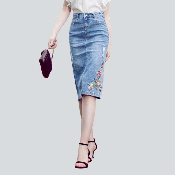 Embroidered ripped midi denim skirt