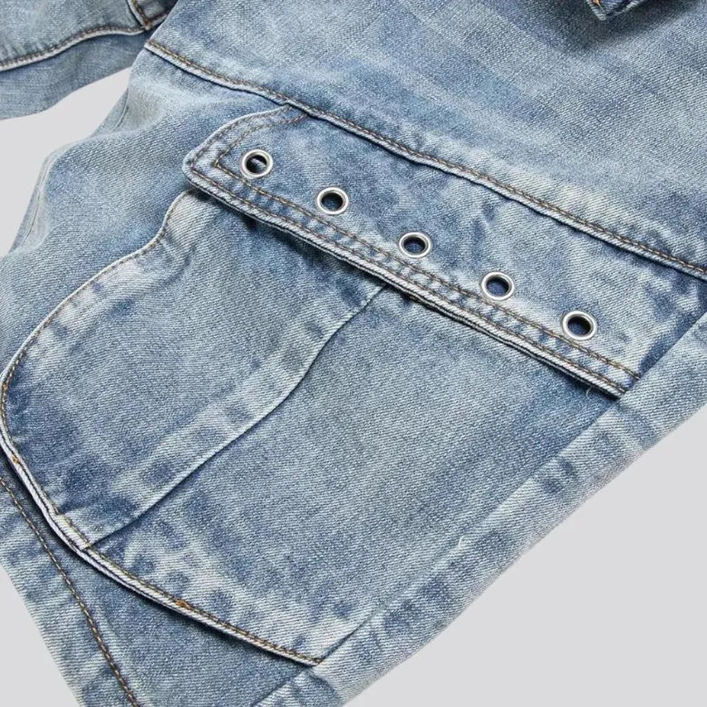 Boho style light wash men's denim shorts