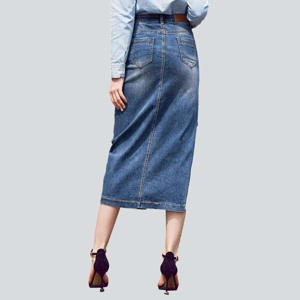 Side slit long denim skirt