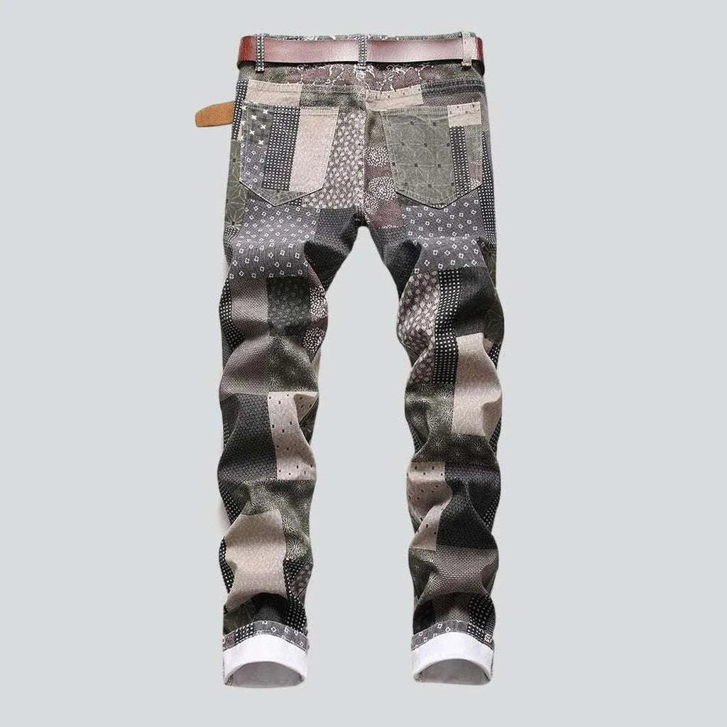 Patchwork print men's jeans