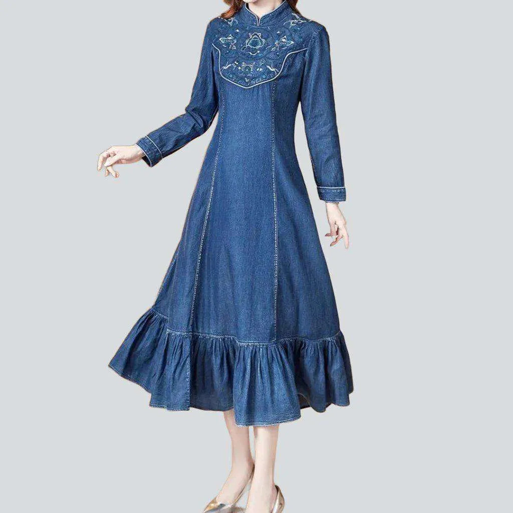 Long embroidered y2k denim dress