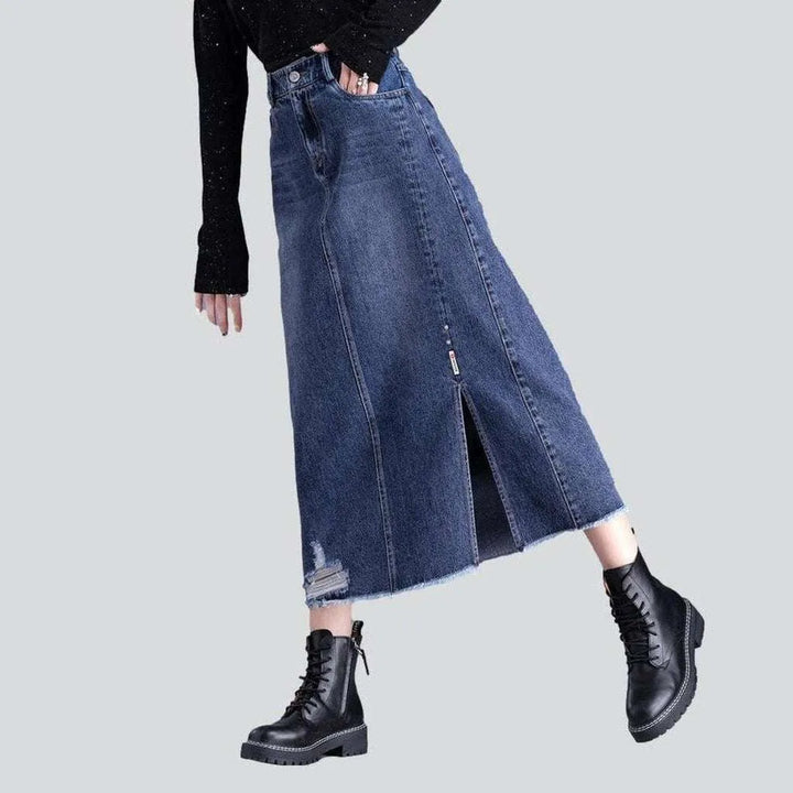 Ripped edge long denim skirt