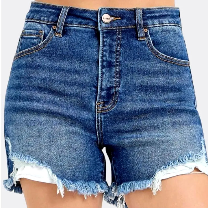 Fashionable Frayed Women's Denim Shorts - Blue