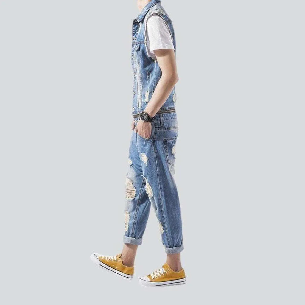 Sleeveless distressed men's denim overall