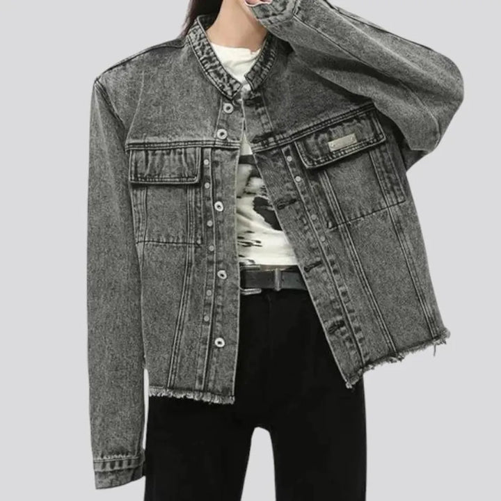 Retro pattern raw hem jeans jacket for men