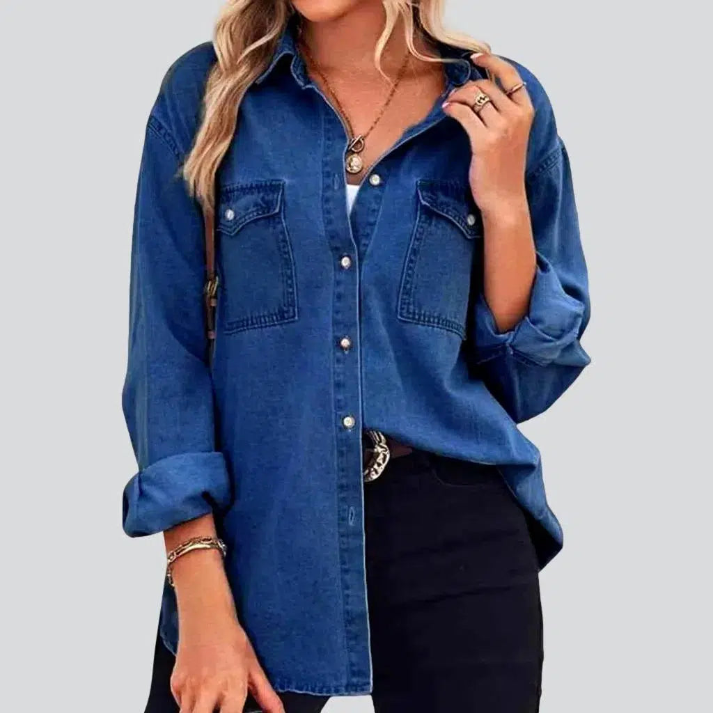 Oversized pebble-washed denim shirt for women