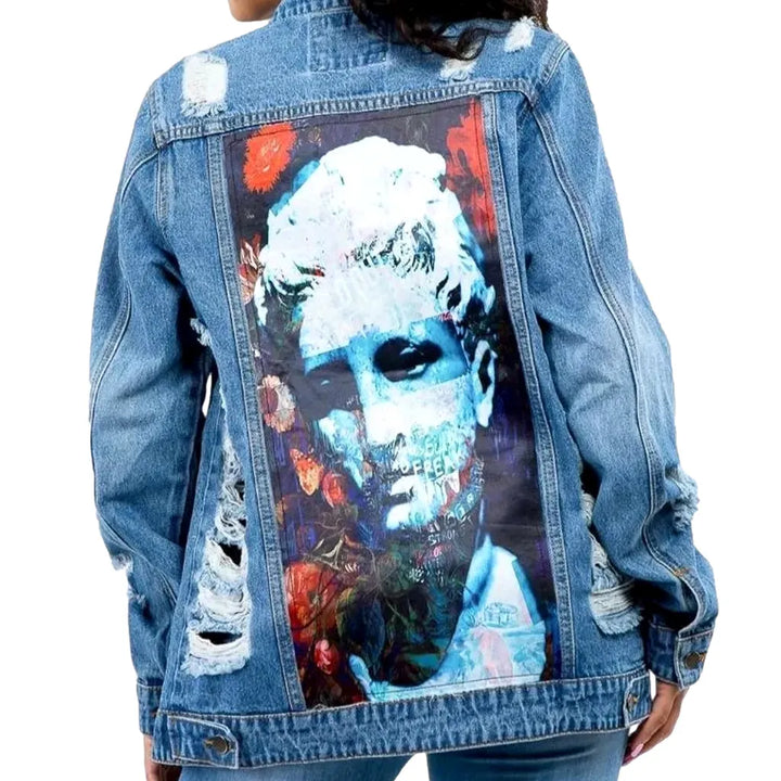 Artistic Boho Inspired Women's Denim Jacket - Blue