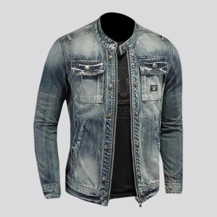 Sanded biker style riding denim jacket for men