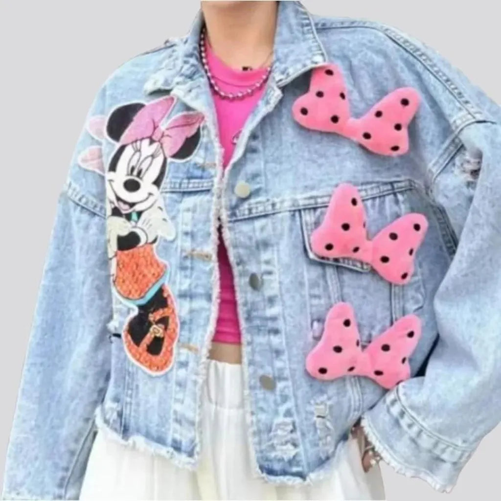 Ribbon-embellished jean jacket
 for women