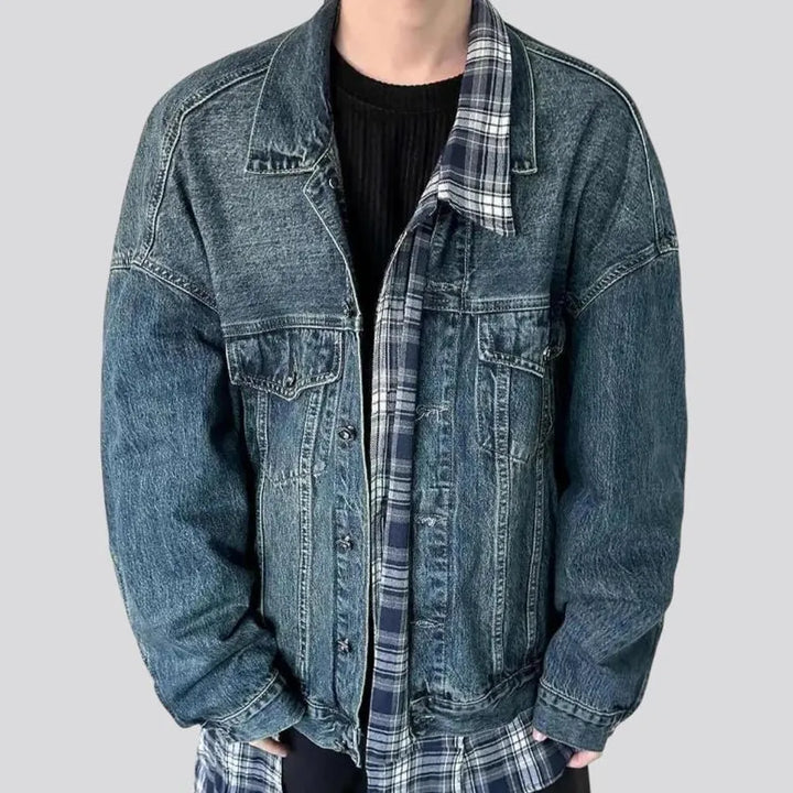 Faded mixed plaid boho jean jacket for men