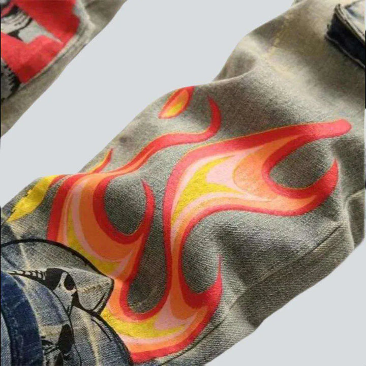 Graffiti print frayed men's jeans