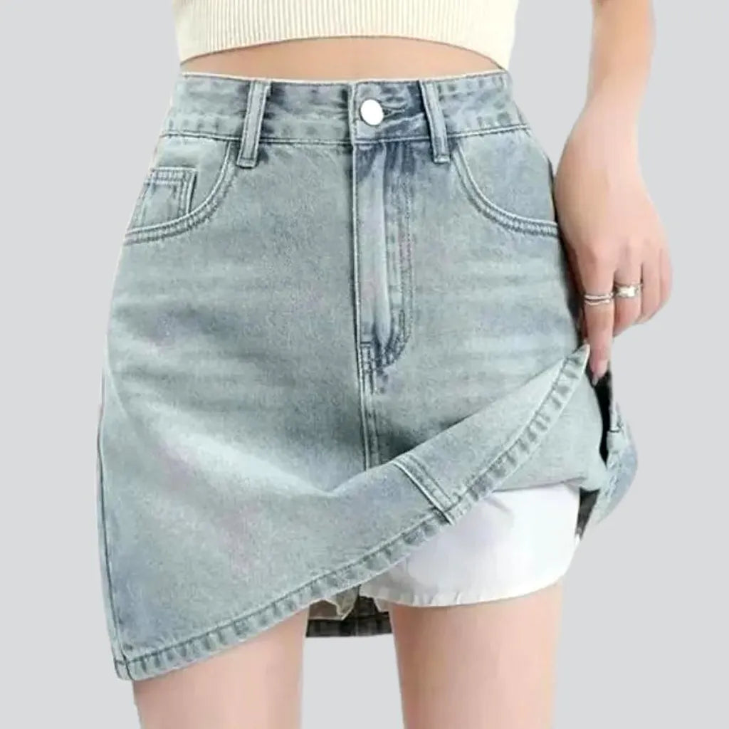 Whiskered high-waist jean skort