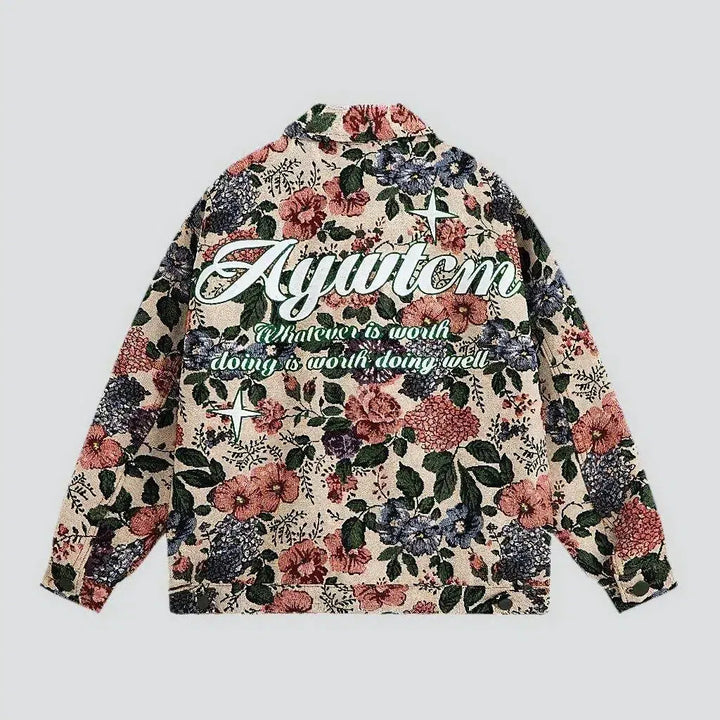 Flowery print boho men's jean jacket