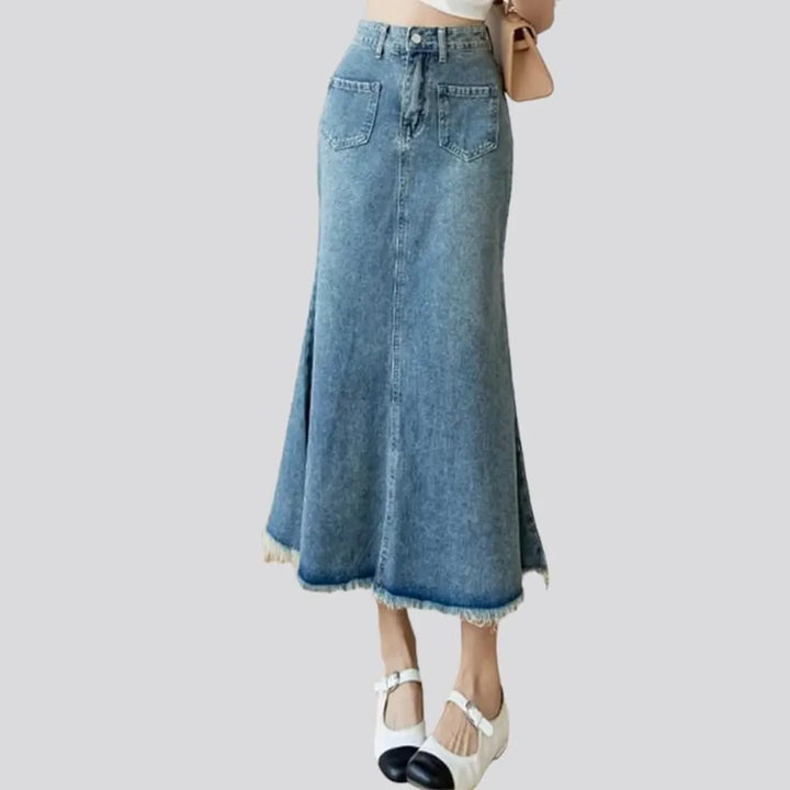 Raw-hem sanded denim skirt