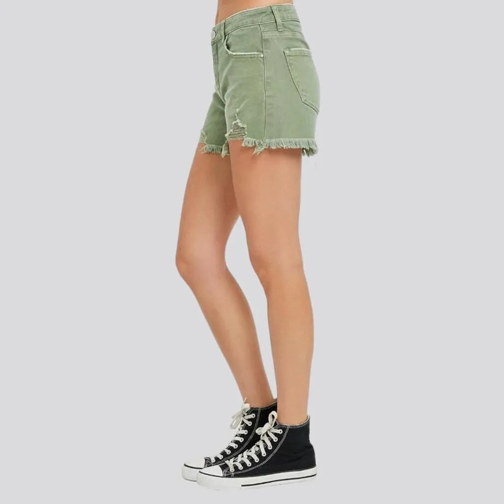 Olive-hue high-waist jean shorts for women