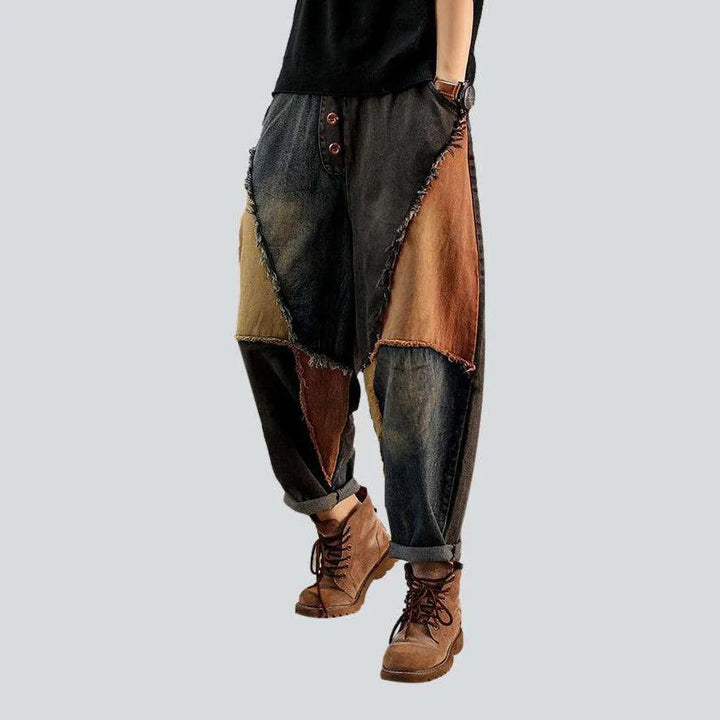 Orange patchwork baggy denim pants