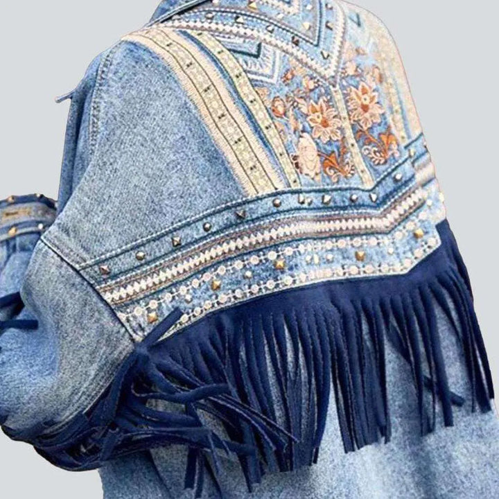 Embroidered fringe denim jacket for ladies