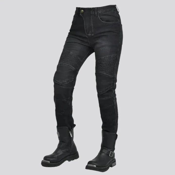 Pebble-washed high waist moto jeans for women