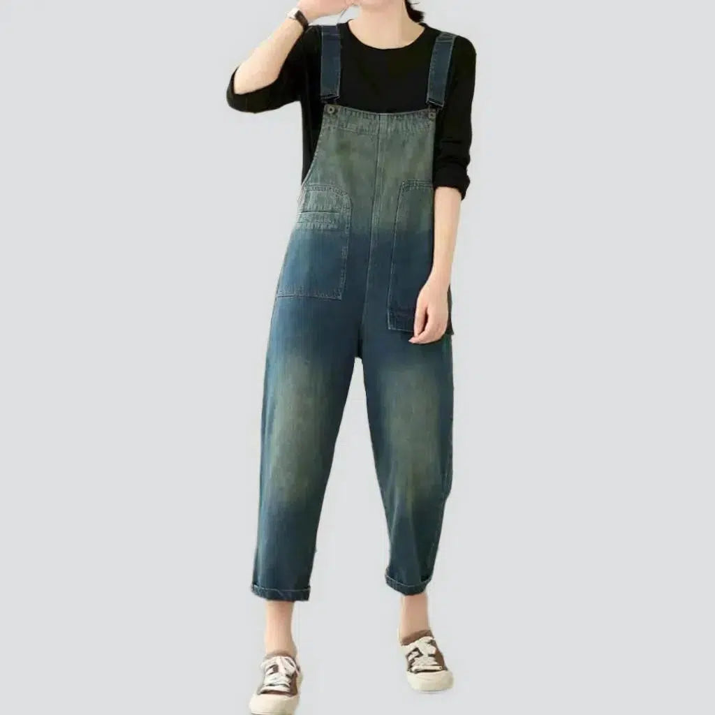 Medium-wash sanded jeans jumpsuit
 for ladies