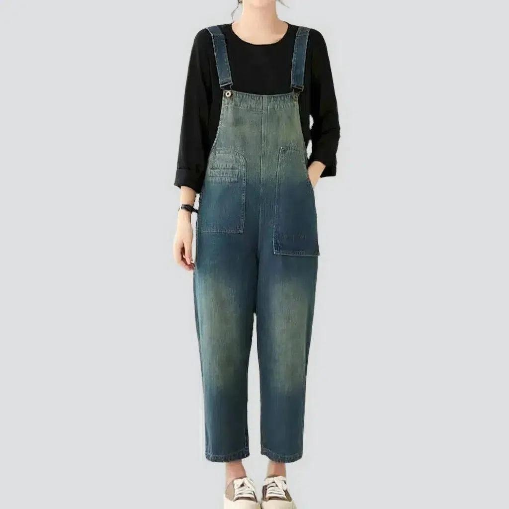 Medium-wash sanded jeans jumpsuit
 for ladies