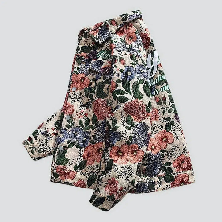 Flowery print boho men's jean jacket