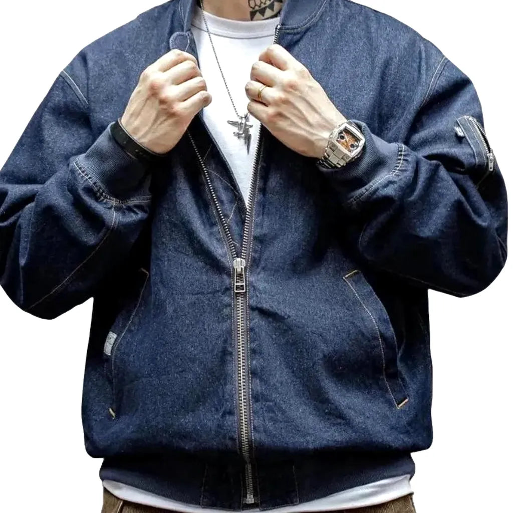 Oversized Jeans Bomber Jacket for Men - Dark Blue