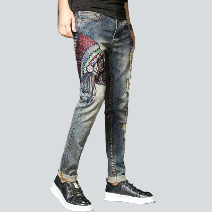 Indian head embroidery men's jeans