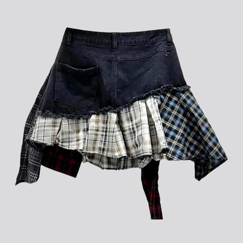 Mid-waist mixed-fabrics jean skort