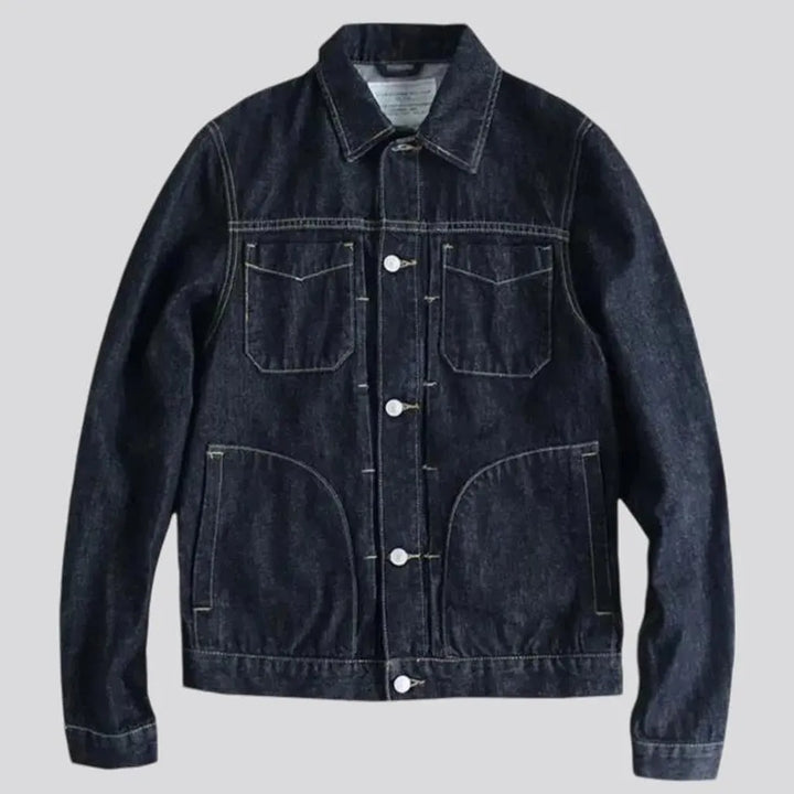 Medium length dark style jean jacket for men