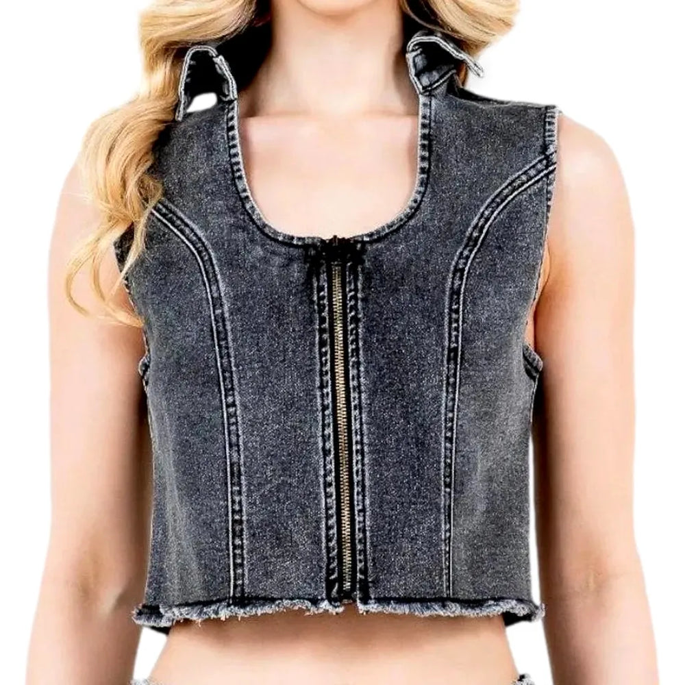 Chic Vintage Crop Denim Vest for Women - Grey