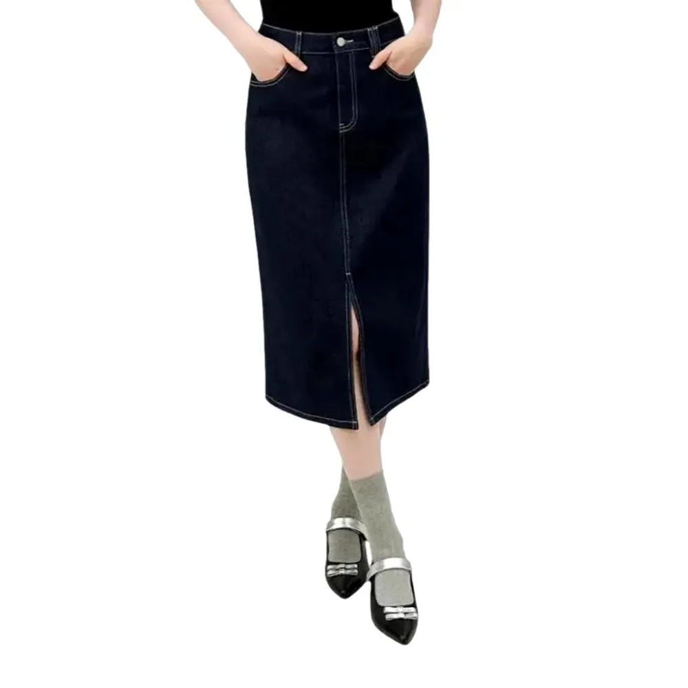 Elegant Pencil Dark Patterned Jeans Skirt - Dark Blue