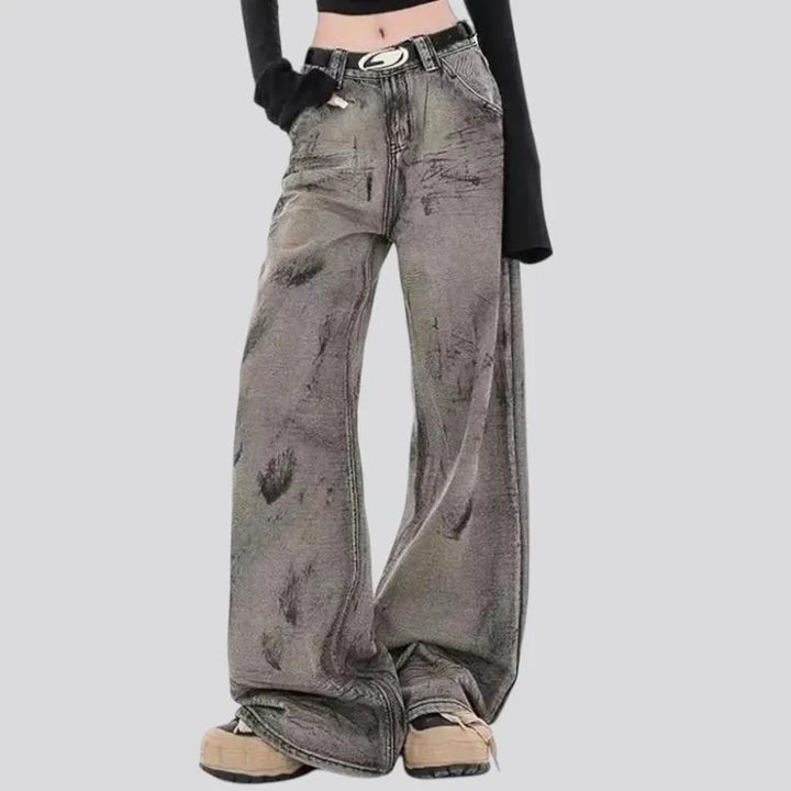 Art tie baggy high rise women's jeans