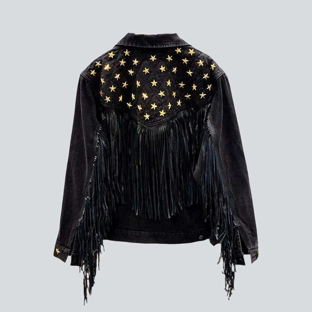 Fringe embellished color denim jacket