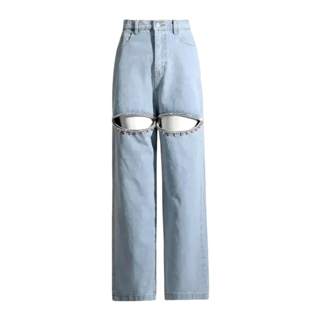 Boho Cutout High Rise Jeans for Women - Light Blue