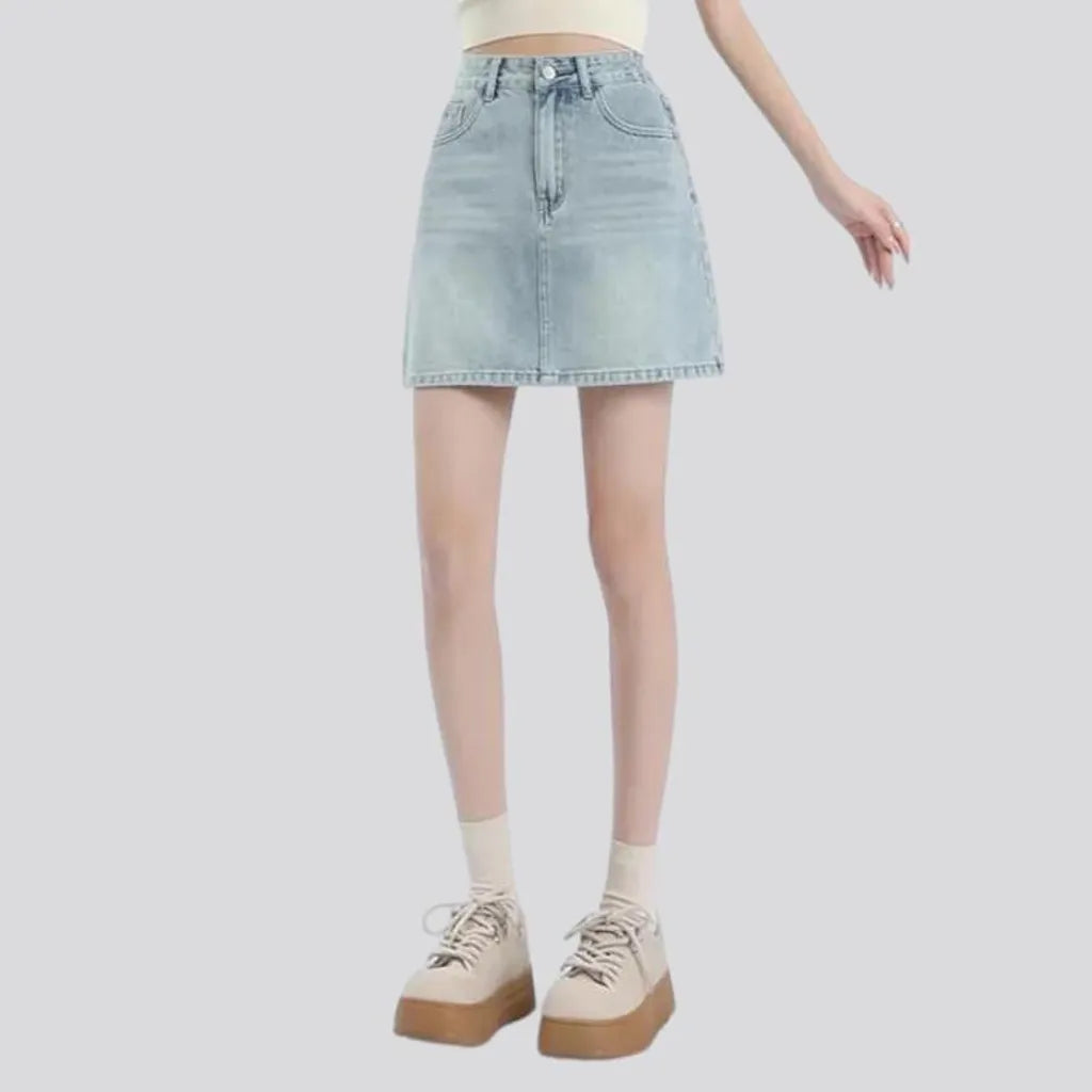 Whiskered high-waist jean skort