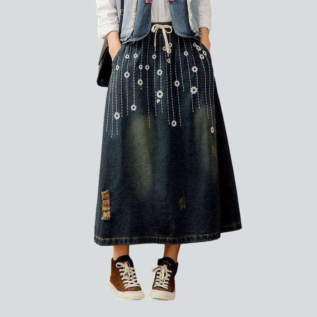 Urban embroidery long denim skirt