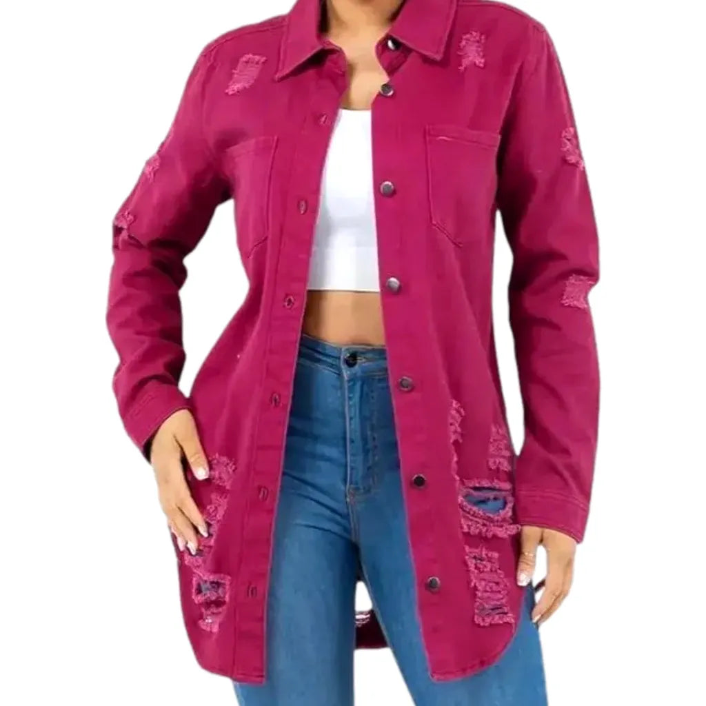 Casual Stylish Distressed Women's Denim Shirt - Pink