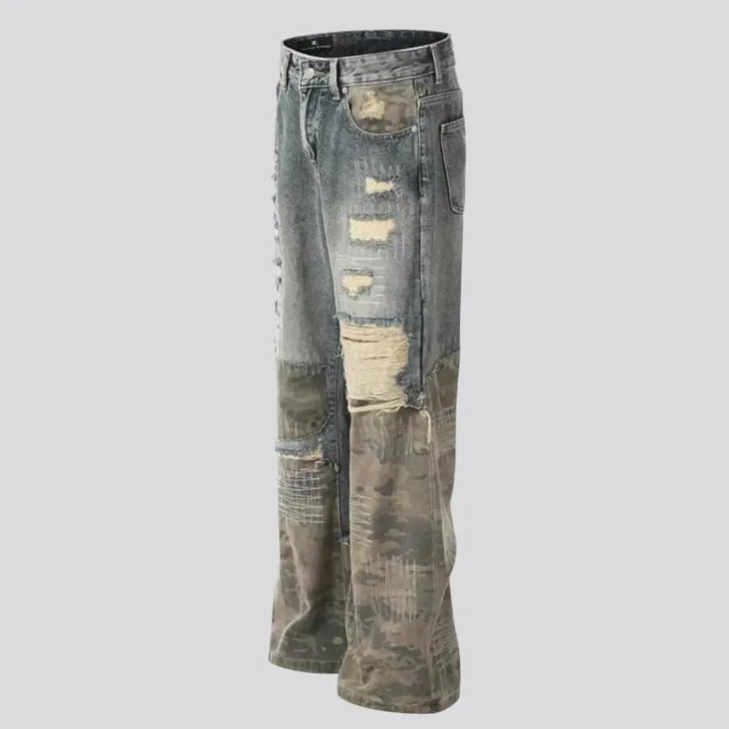 Retro patchwork camo men's jeans