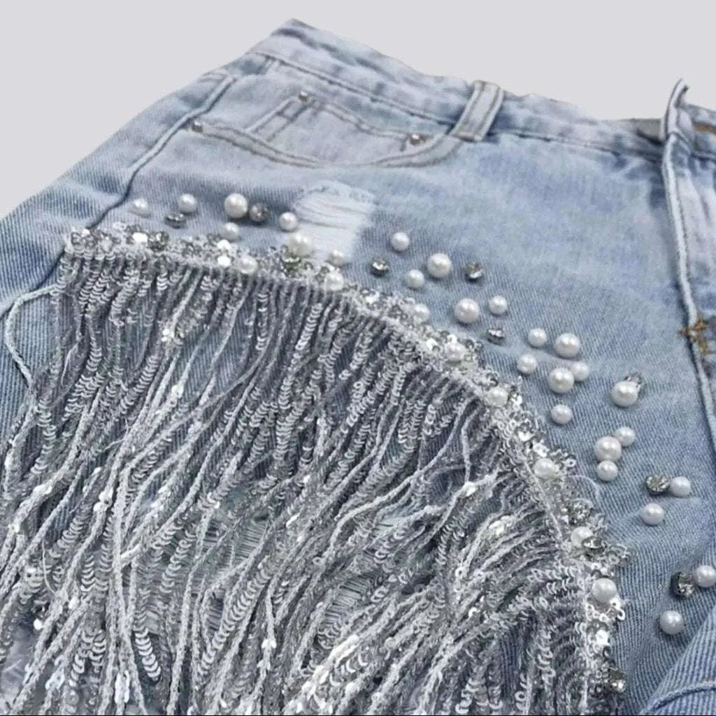 Diamond fringe leg denim shorts