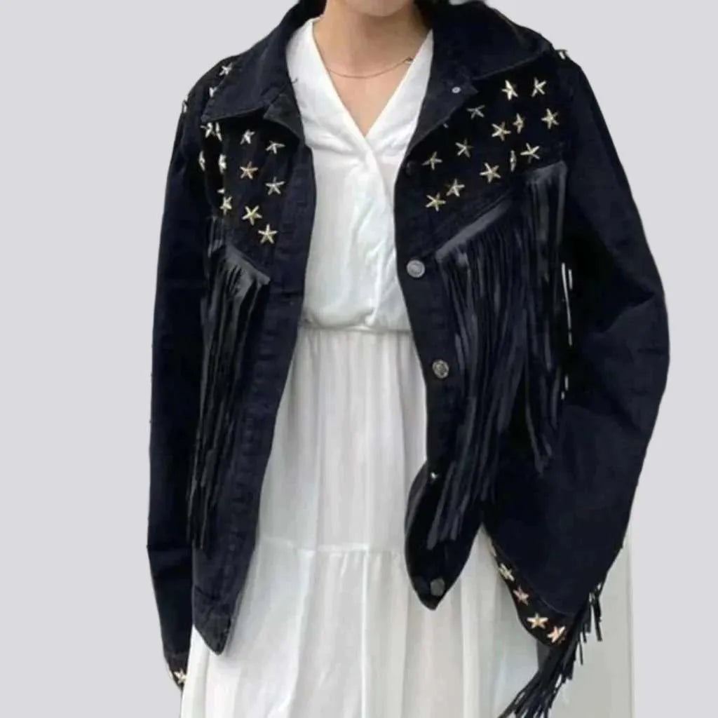 Fringe embellished color denim jacket