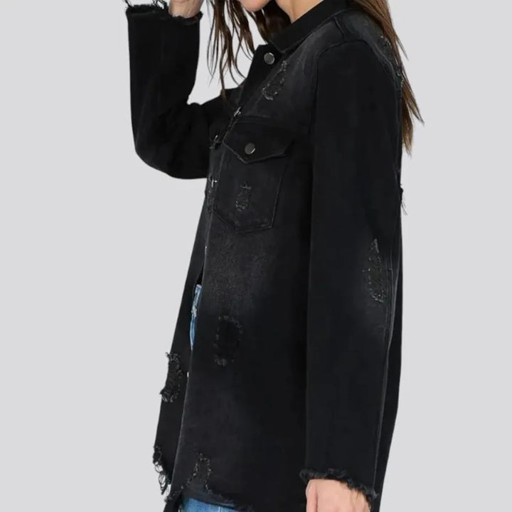 Chic frayed hem women's denim shirt