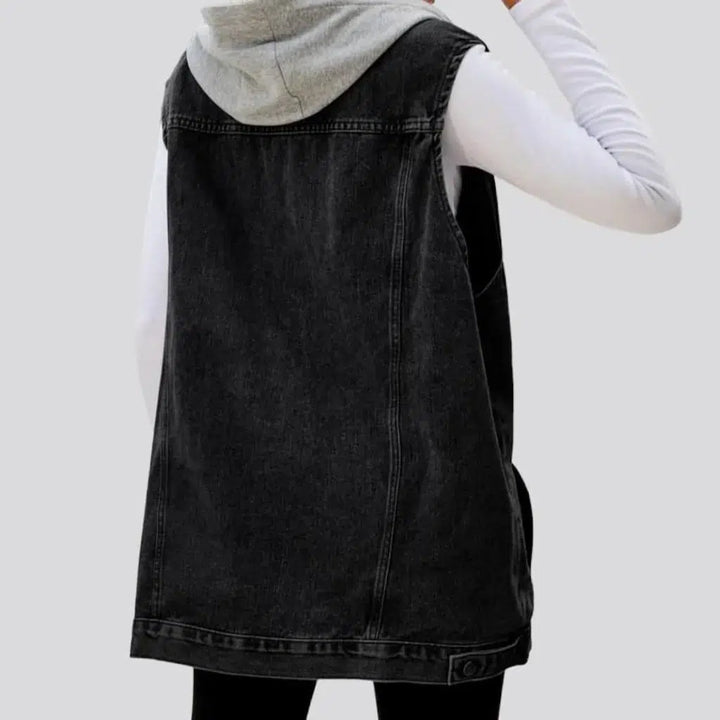 Mixed-fabrics hooded denim vest for women