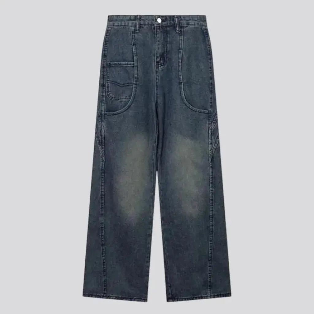 Medium-wash diagonal-stitching jeans